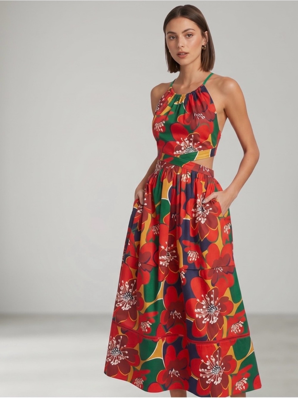 Something Navy Red & Green Floral Midi Dress